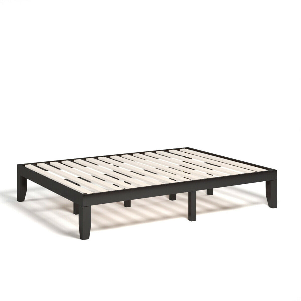 Queen Size Platform Bed Frame with Wood Slats - Brown