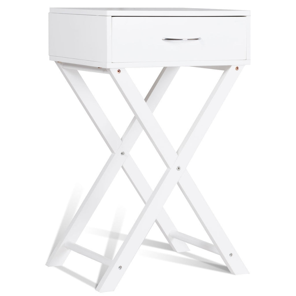 Sofa Side Table with Drawer and X-Shape Legs, White