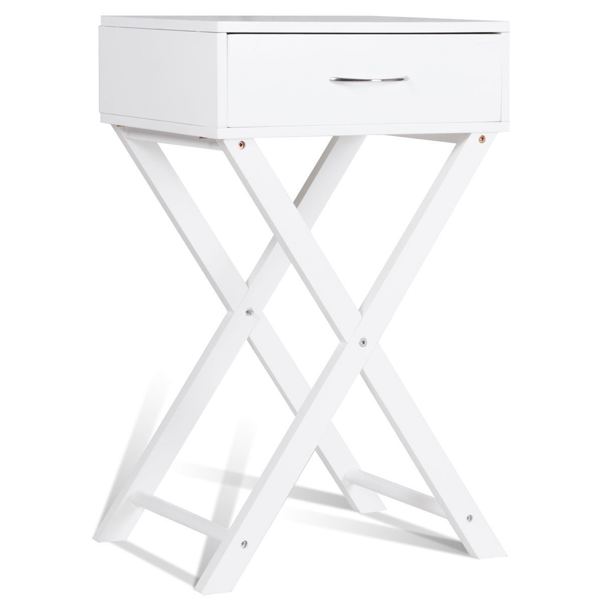 Sofa Side Table with Drawer and X-Shape Legs, White