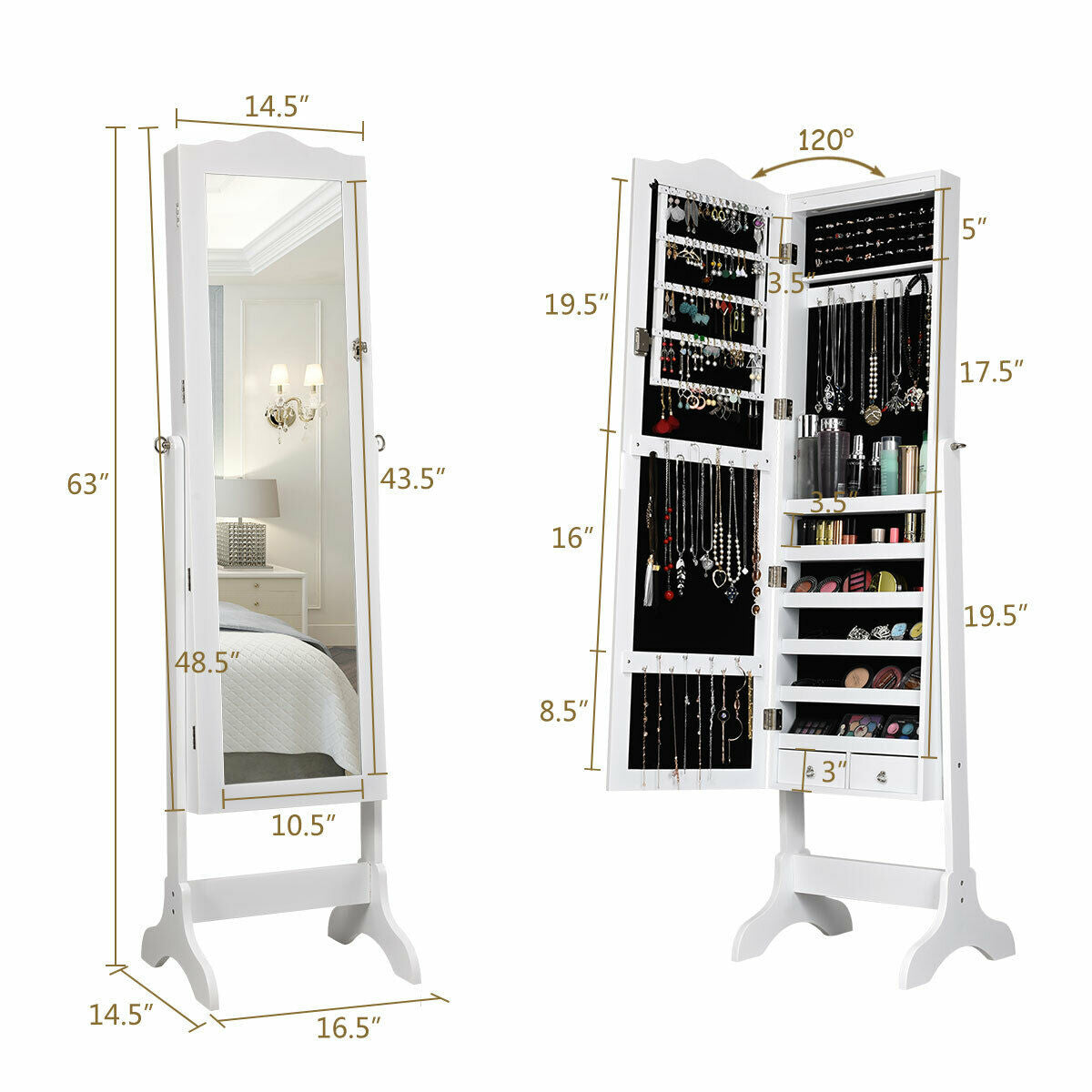 14 LED Jewelry Armoire Cabinet with Mirror - White