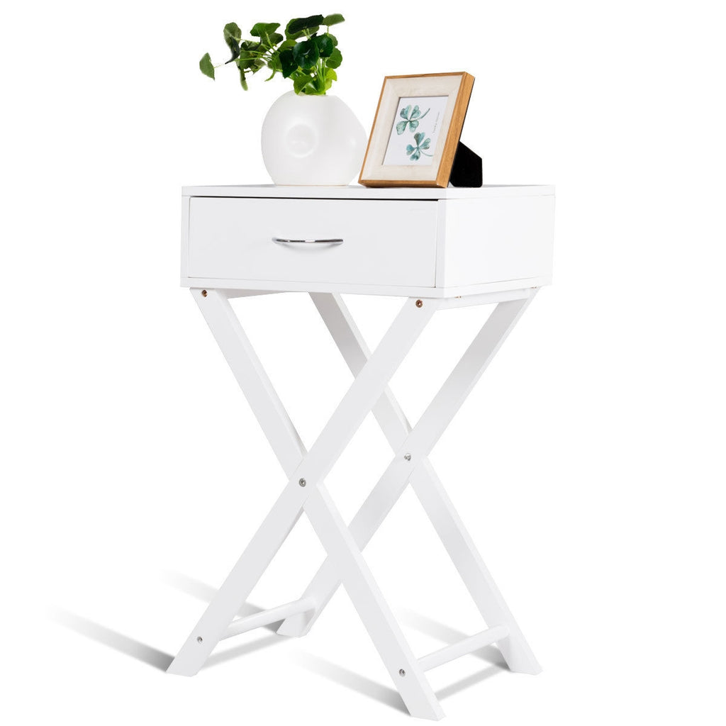 Sofa Side Table with Drawer and X-Shape Legs, White