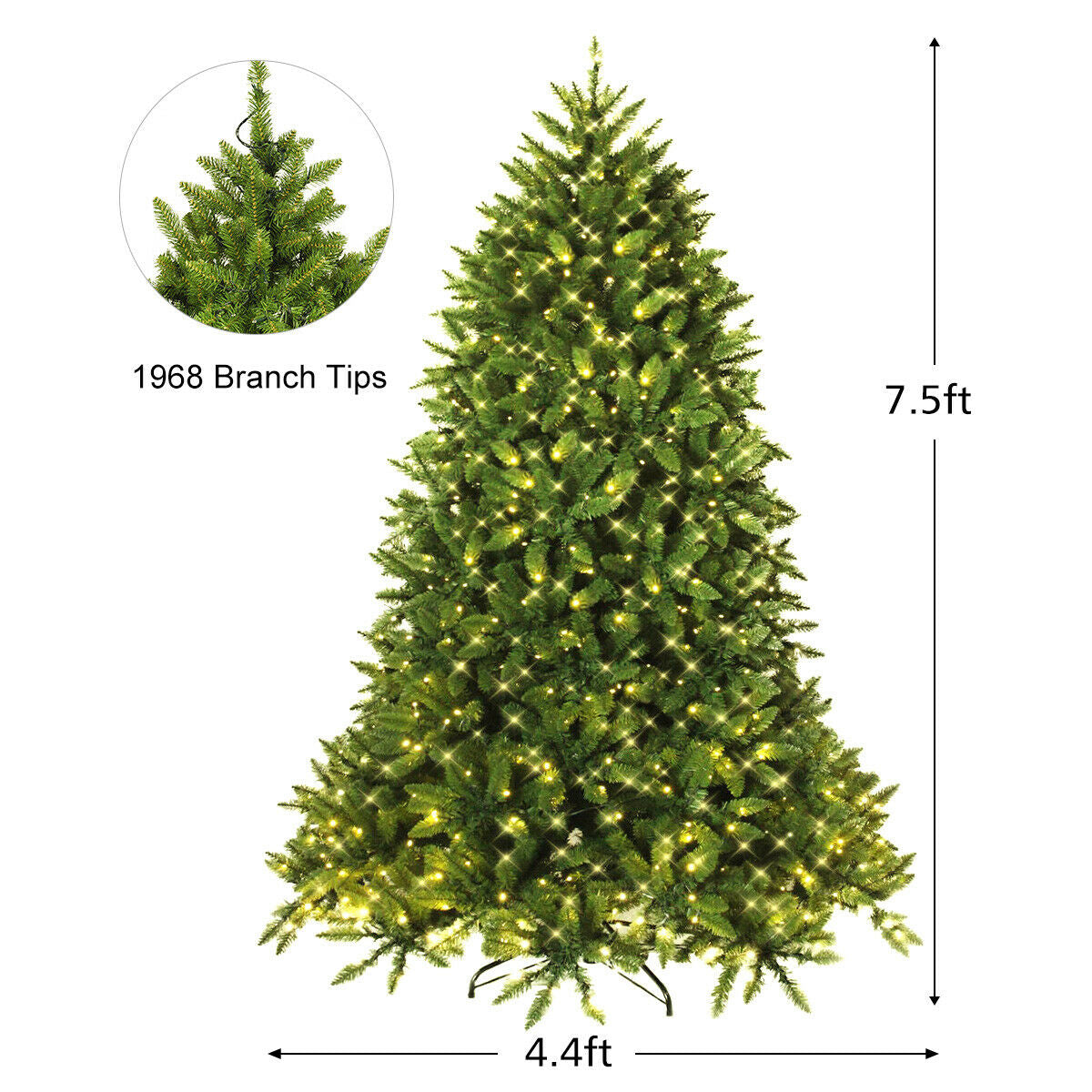 7.5 Feet Artificial Fir Christmas Tree with LED Lights - 1968 Branch Tips, Foldable Base, UL Certified