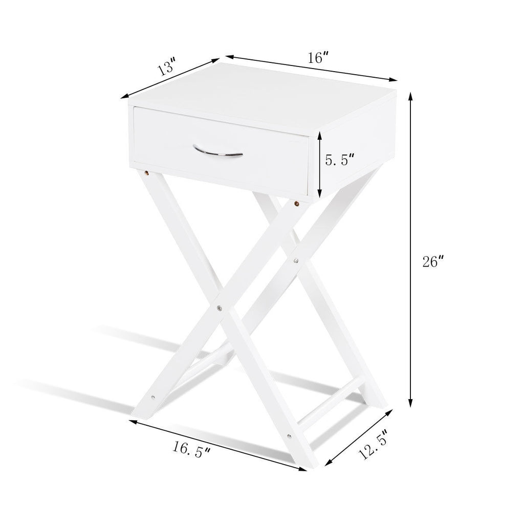 Sofa Side Table with Drawer and X-Shape Legs, White