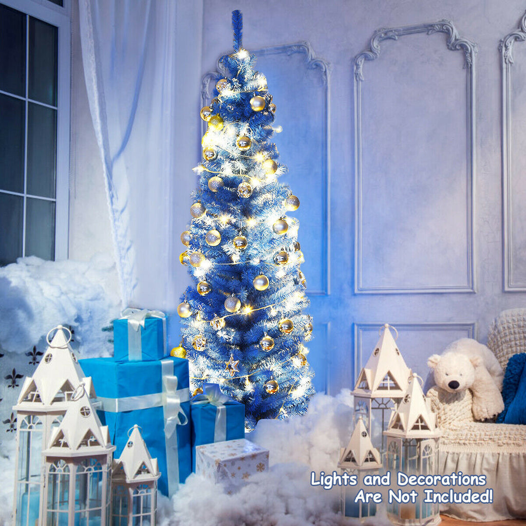 Blue Unlit Artificial Christmas Pencil Tree with Metal Stand - 6 Feet