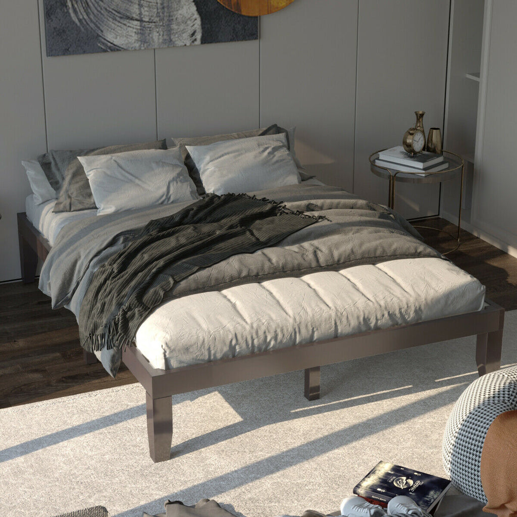 Queen Size Platform Bed Frame with Wood Slats - Brown