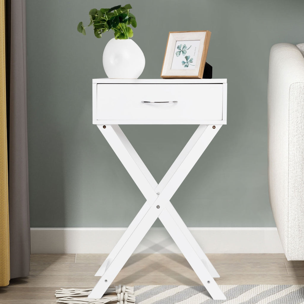 Sofa Side Table with Drawer and X-Shape Legs, White