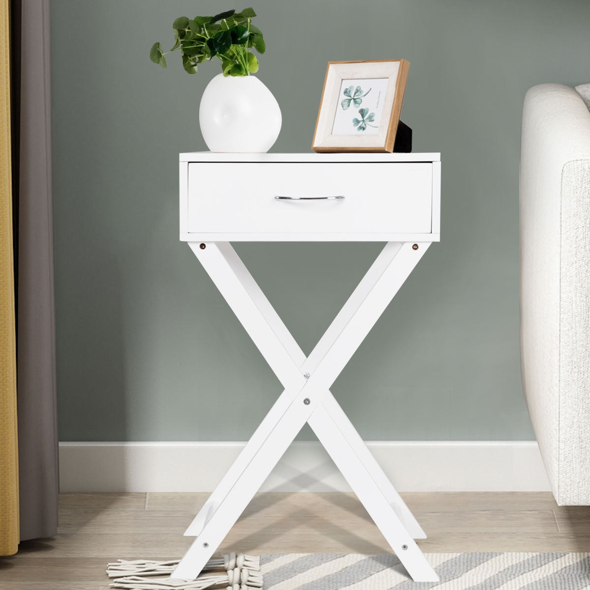 Sofa Side Table with Drawer and X-Shape Legs, White