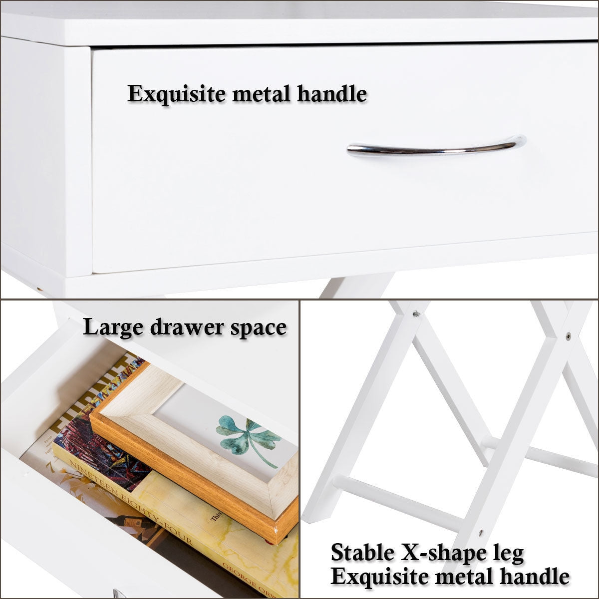 Sofa Side Table with Drawer and X-Shape Legs, White