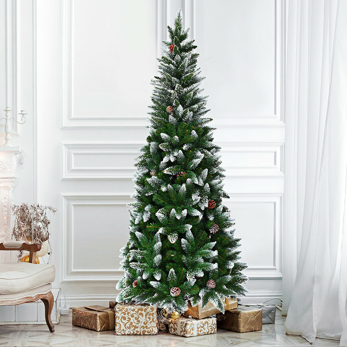 Costway 5 Ft Artificial Pencil Christmas Tree with Pine Cones - Slim Design