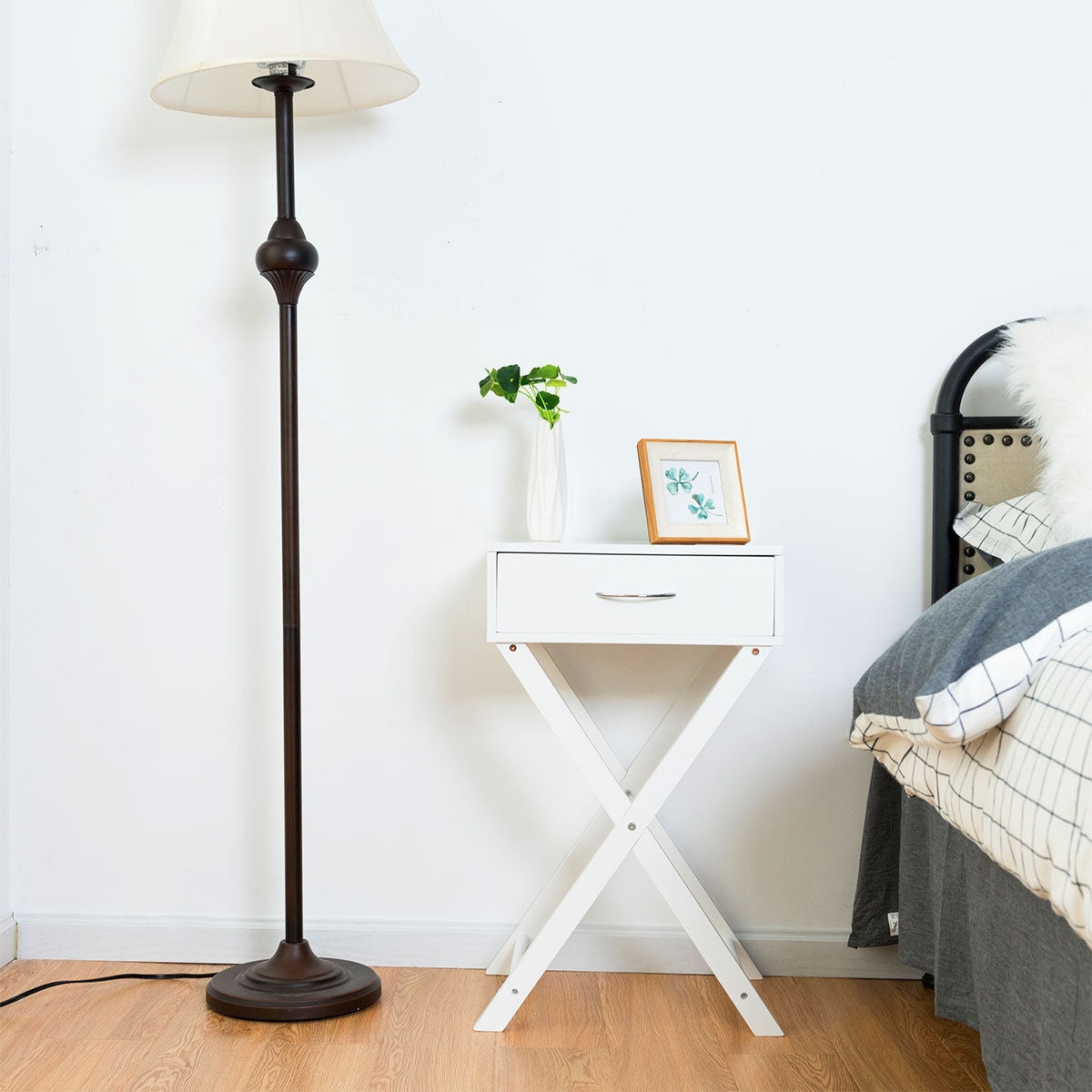 Sofa Side Table with Drawer and X-Shape Legs, White