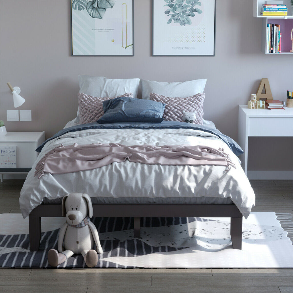 Queen Size Platform Bed Frame with Wood Slats - Brown