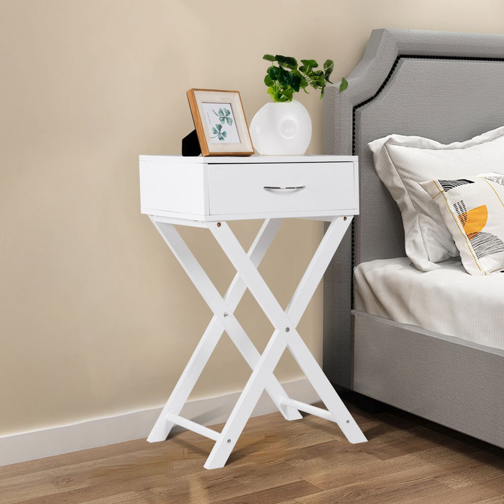 Sofa Side Table with Drawer and X-Shape Legs, White