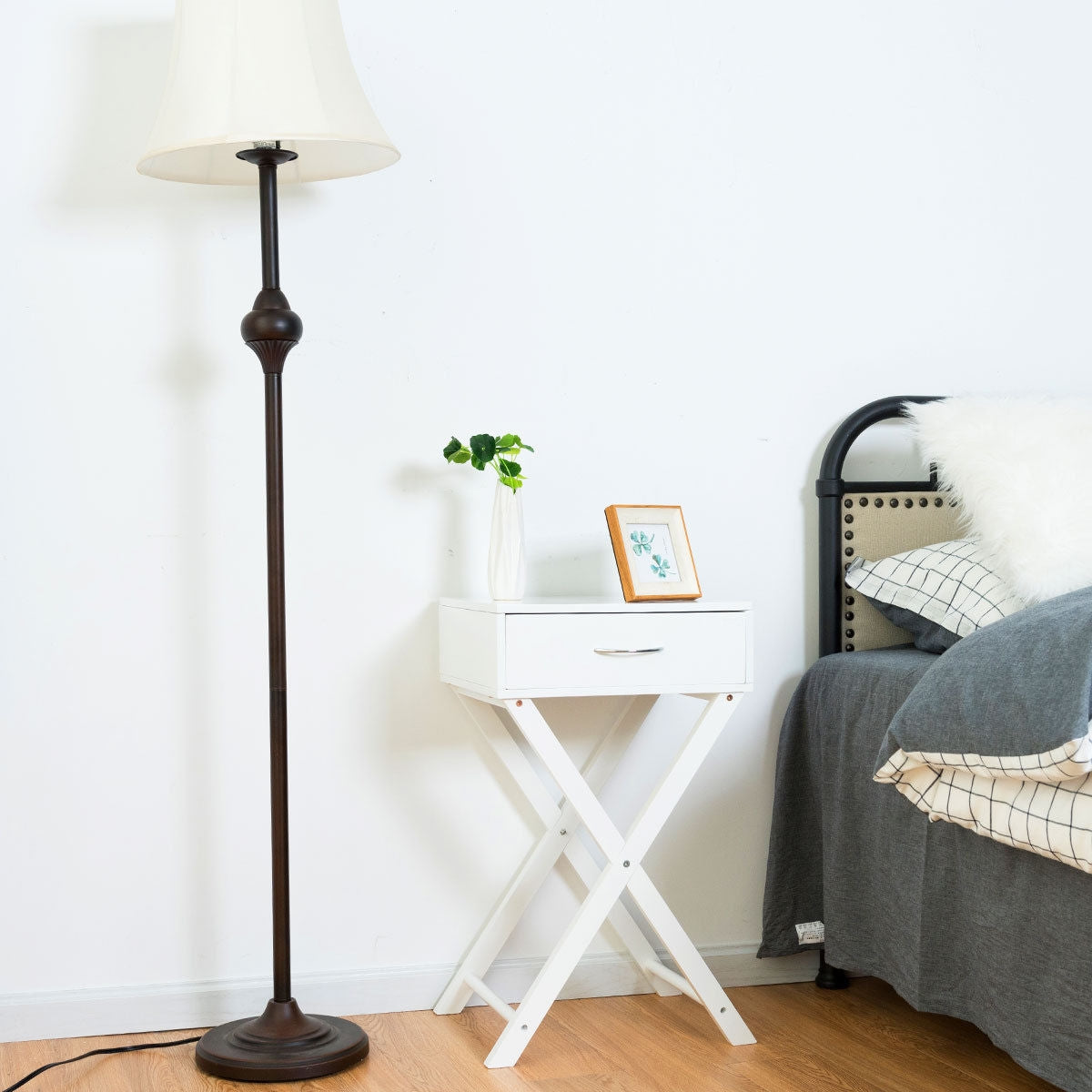 Sofa Side Table with Drawer and X-Shape Legs, White