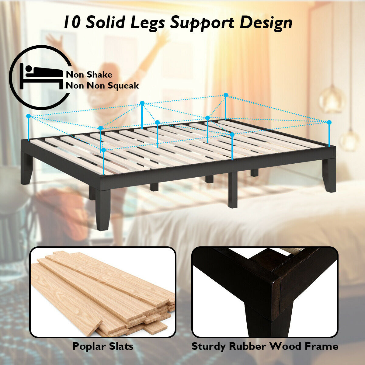 Queen Size Platform Bed Frame with Wood Slats - Brown