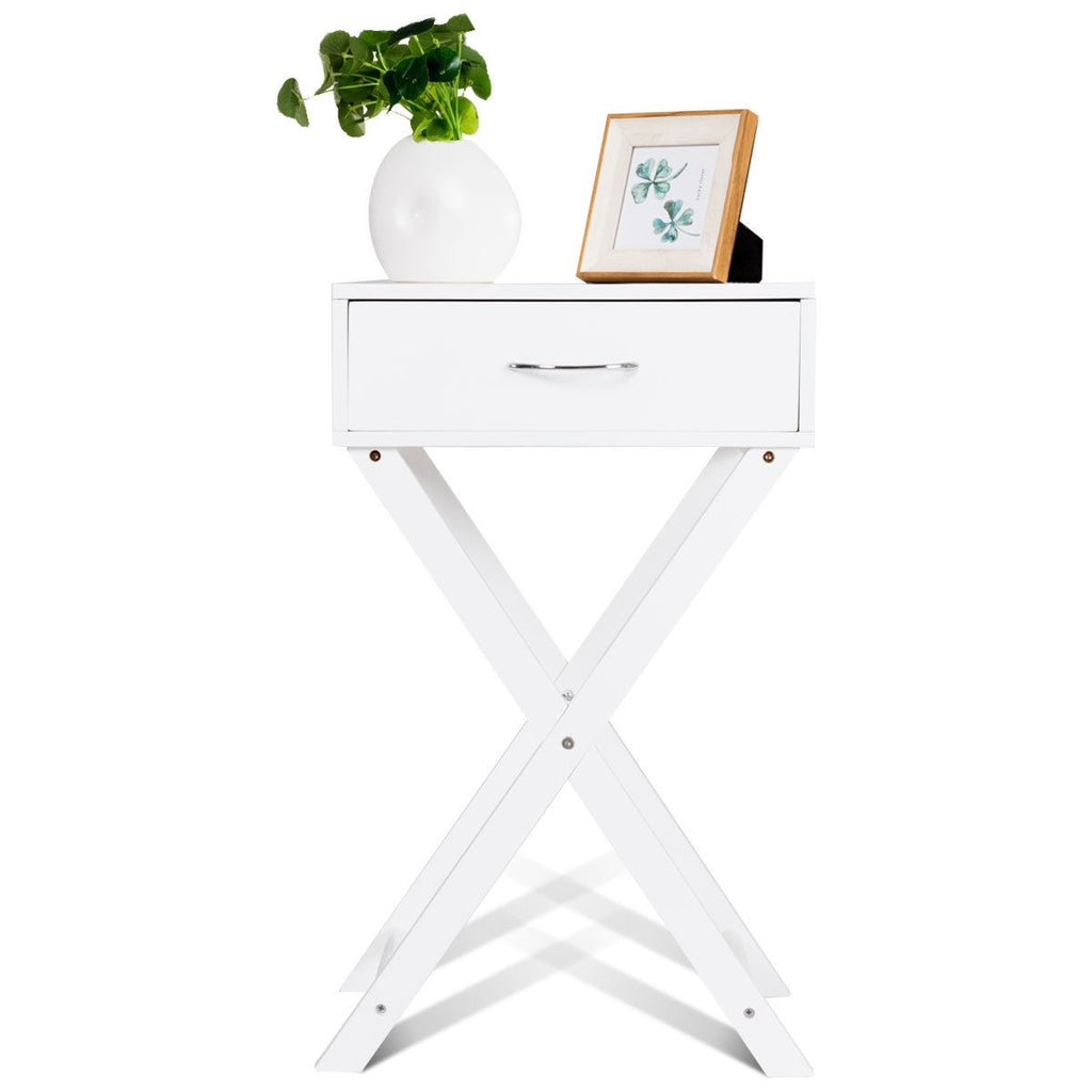 Sofa Side Table with Drawer and X-Shape Legs, White