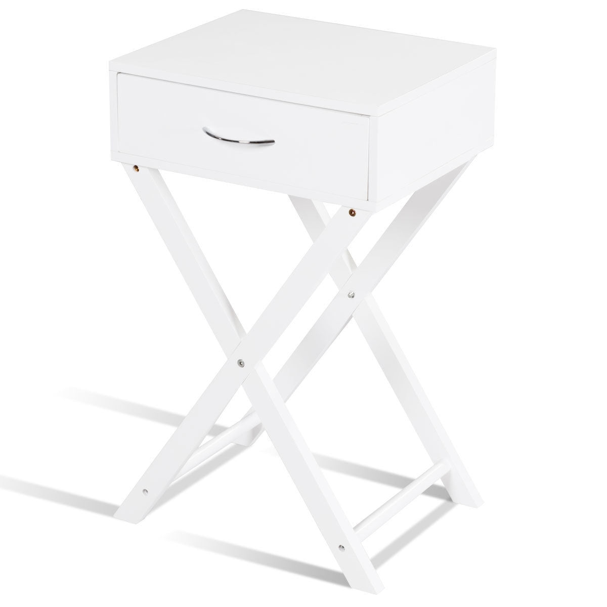 Sofa Side Table with Drawer and X-Shape Legs, White