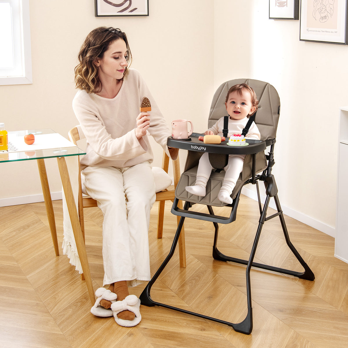 Pink Compact Highchair with Removable Tray & Safety Harness - Easy Clean & Space Saving