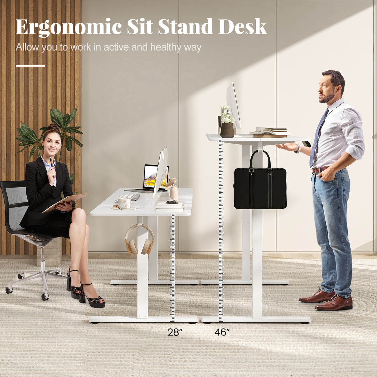Electric Standing Desk 28-46" Adjustable 3 Memory - White