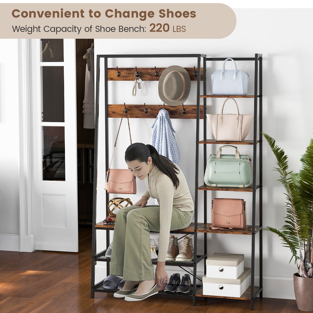 5-in-1 Hall Tree with Storage Bench, 9 Hooks, Rustic Brown