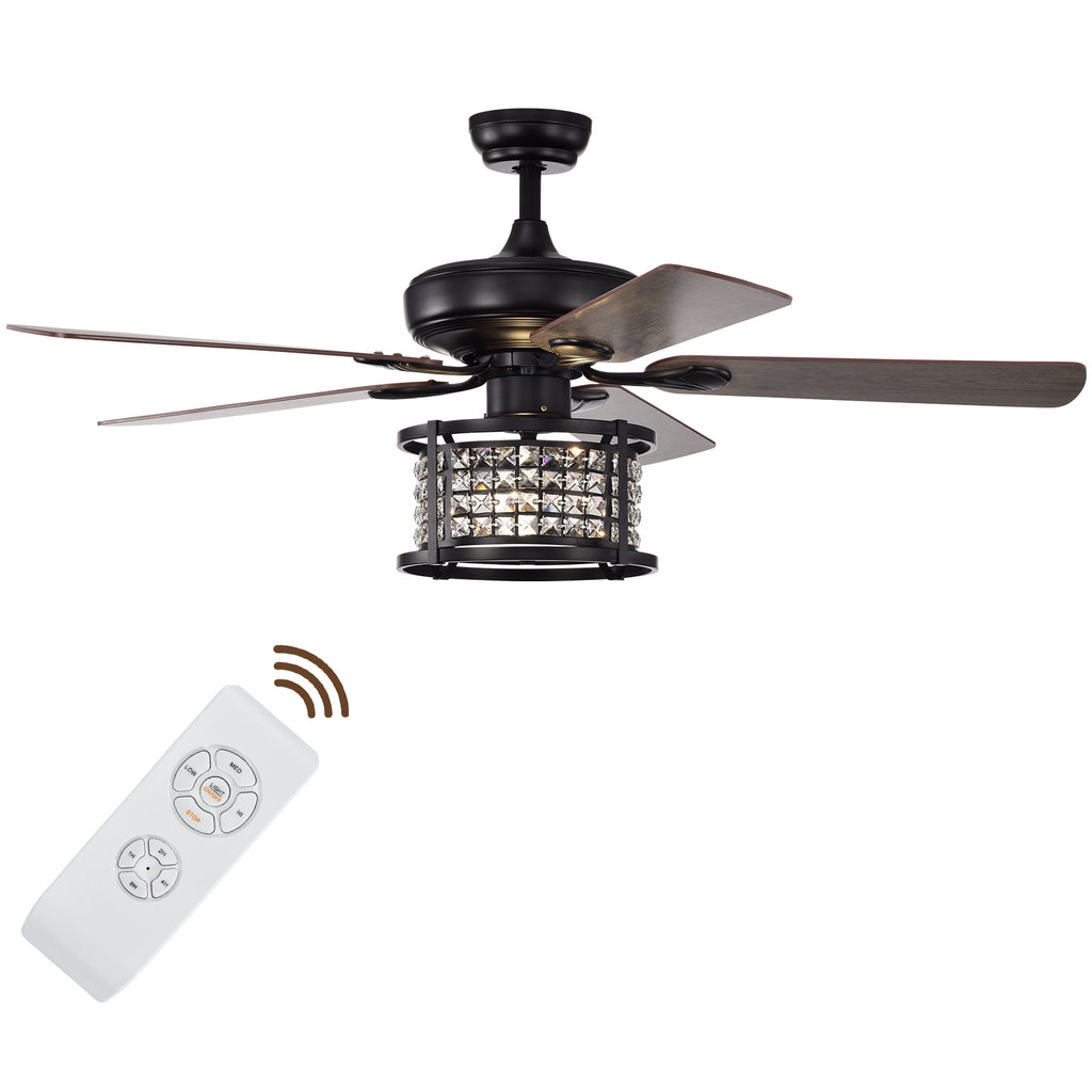 52 Inch Crystal Ceiling Fan Light with Remote Control - 3 Speed, Reversible Blades, Black Variation