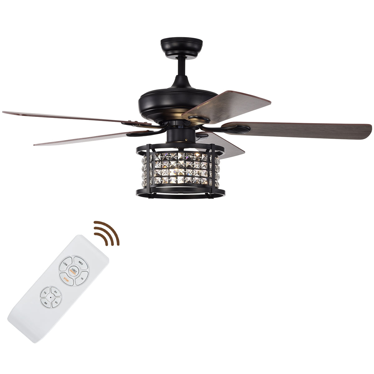 52 Inch Crystal Ceiling Fan Light with Remote Control - 3 Speed, Reversible Blades, Black Variation