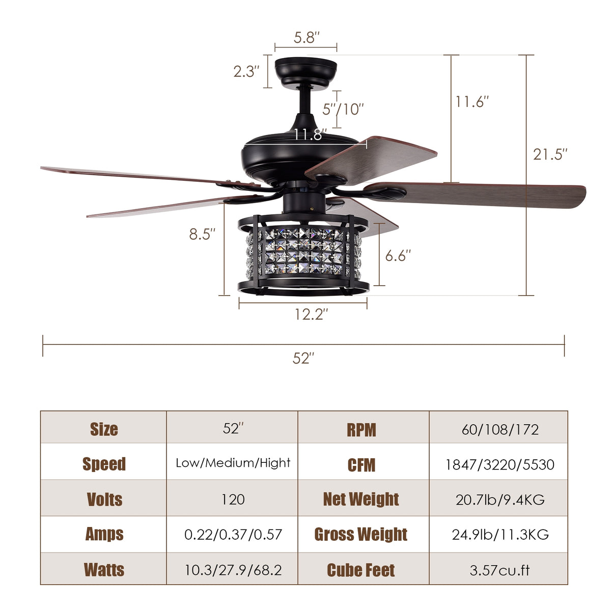 52 Inch Crystal Ceiling Fan Light with Remote Control - 3 Speed, Reversible Blades, Black Variation