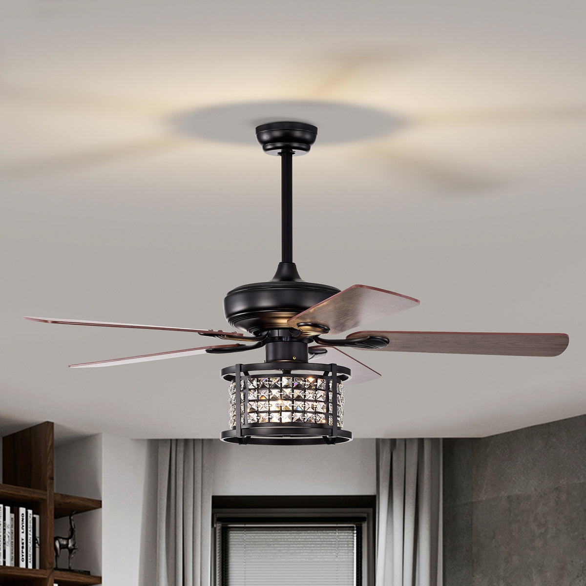 52 Inch Crystal Ceiling Fan Light with Remote Control - 3 Speed, Reversible Blades, Black Variation