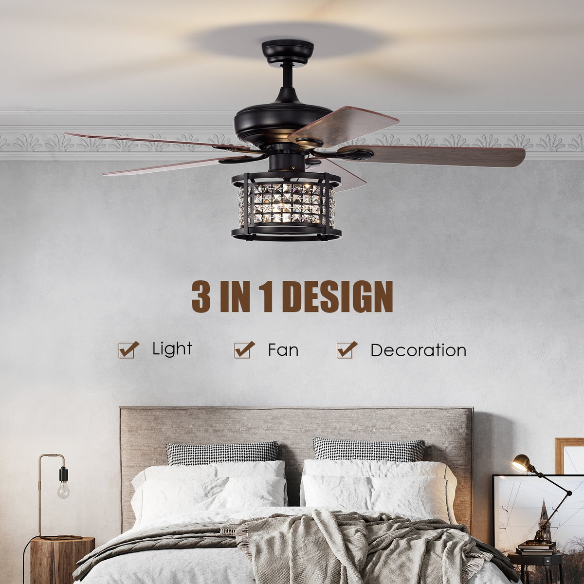 52 Inch Crystal Ceiling Fan Light with Remote Control - 3 Speed, Reversible Blades, Black Variation