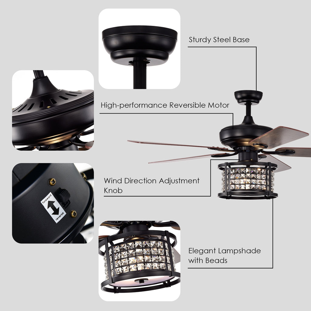 52 Inch Crystal Ceiling Fan Light with Remote Control - 3 Speed, Reversible Blades, Black Variation