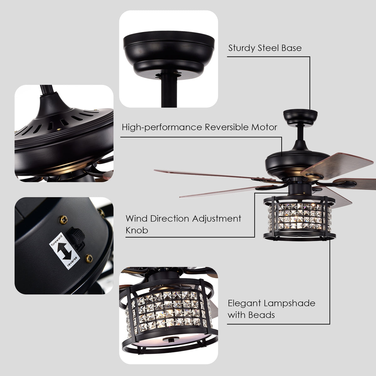 52 Inch Crystal Ceiling Fan Light with Remote Control - 3 Speed, Reversible Blades, Black Variation