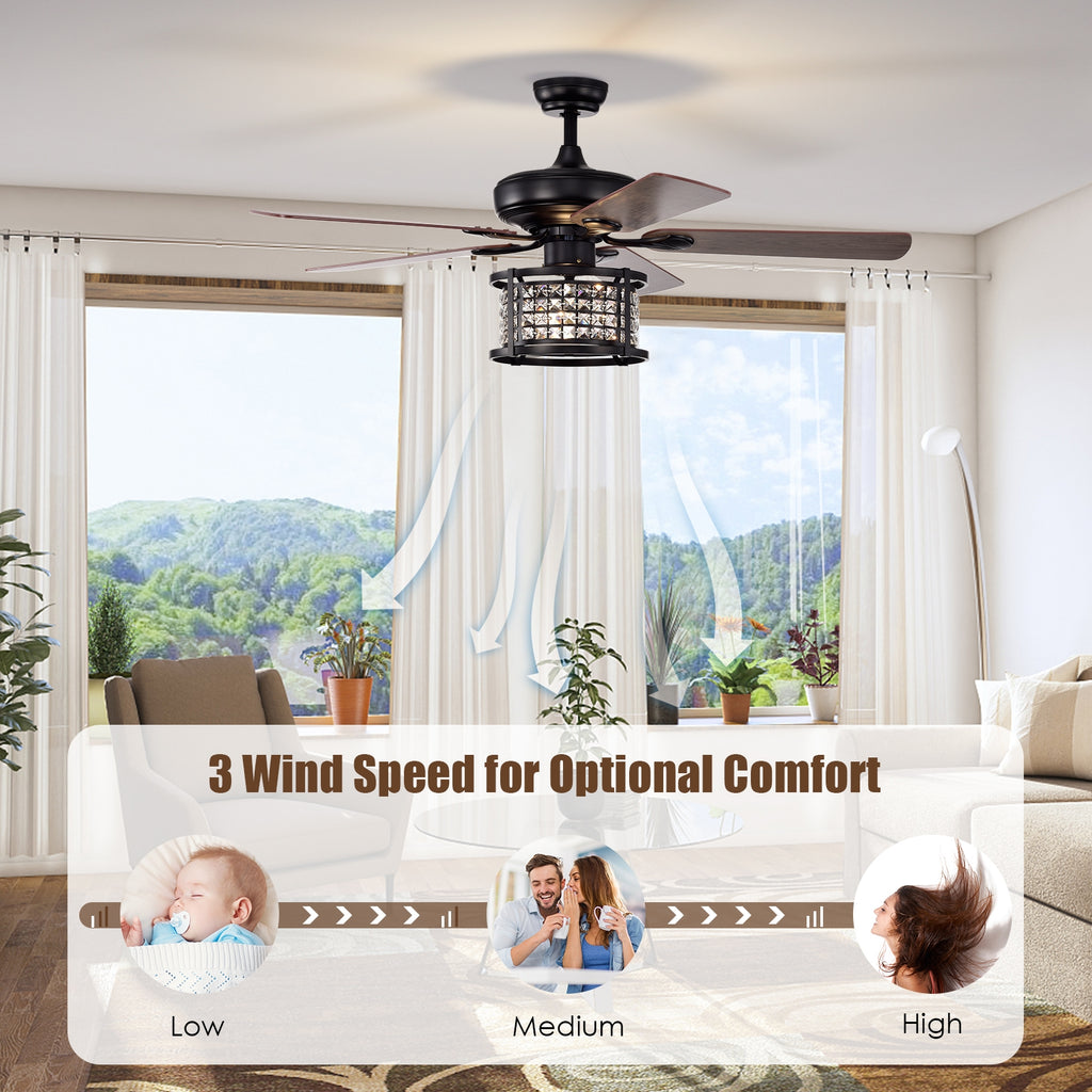 52 Inch Crystal Ceiling Fan Light with Remote Control - 3 Speed, Reversible Blades, Black Variation