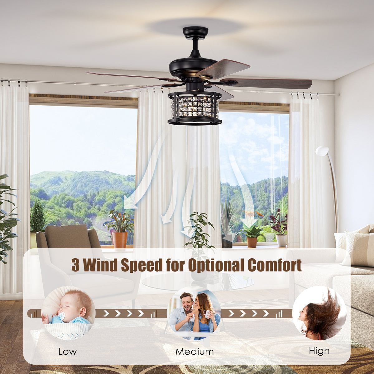 52 Inch Crystal Ceiling Fan Light with Remote Control - 3 Speed, Reversible Blades, Black Variation