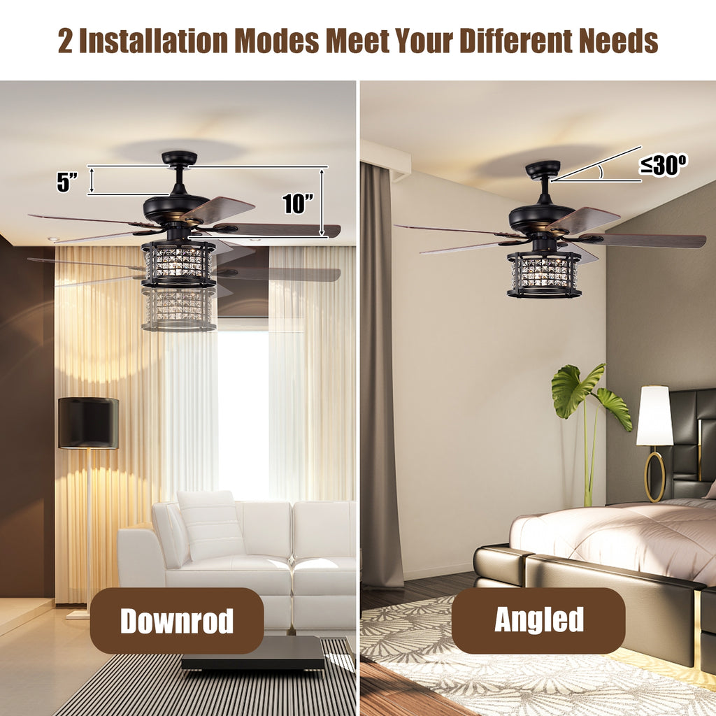 52 Inch Crystal Ceiling Fan Light with Remote Control - 3 Speed, Reversible Blades, Black Variation