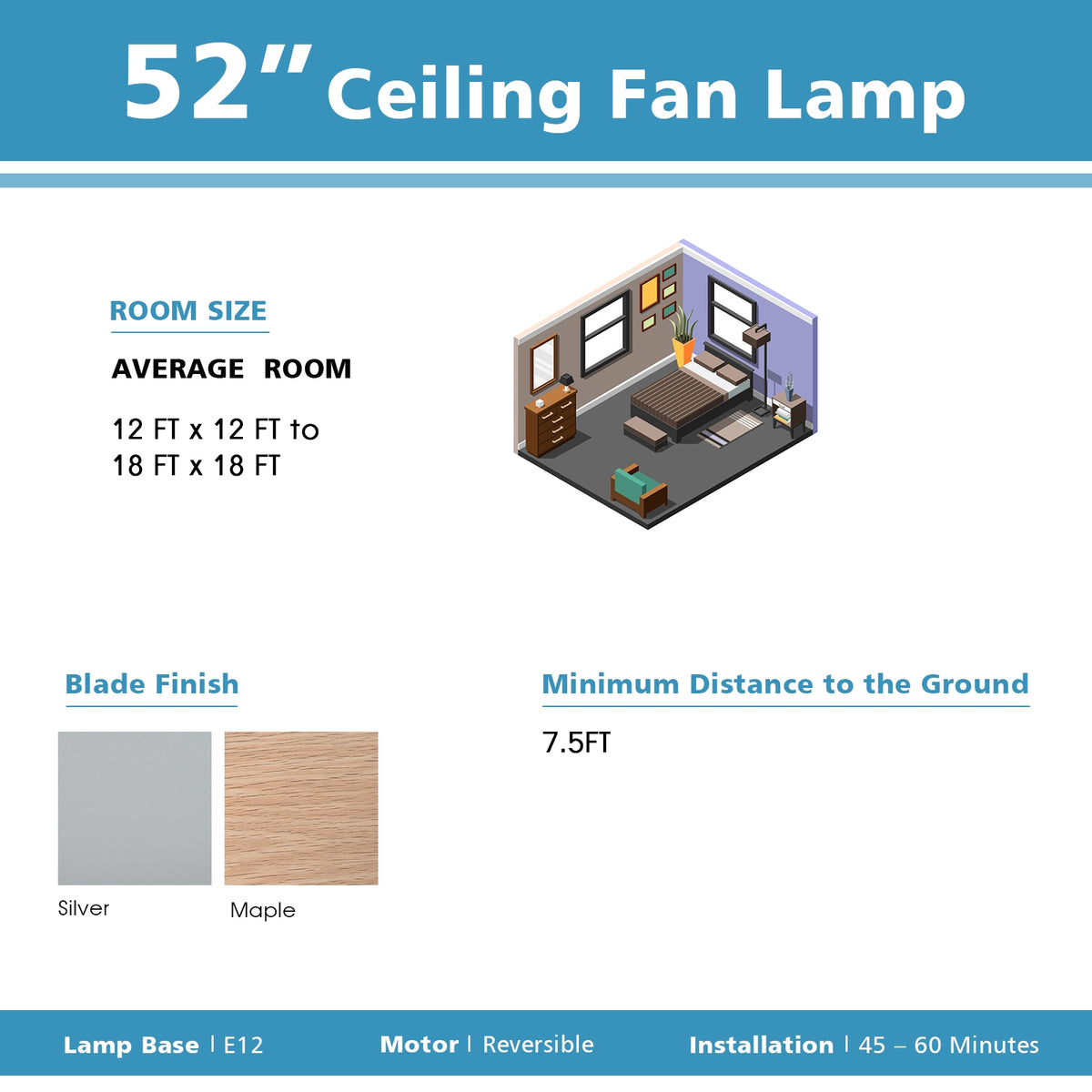 52-Inch Ceiling Fan with Wooden Blades & Remote Control - Silver Variation
