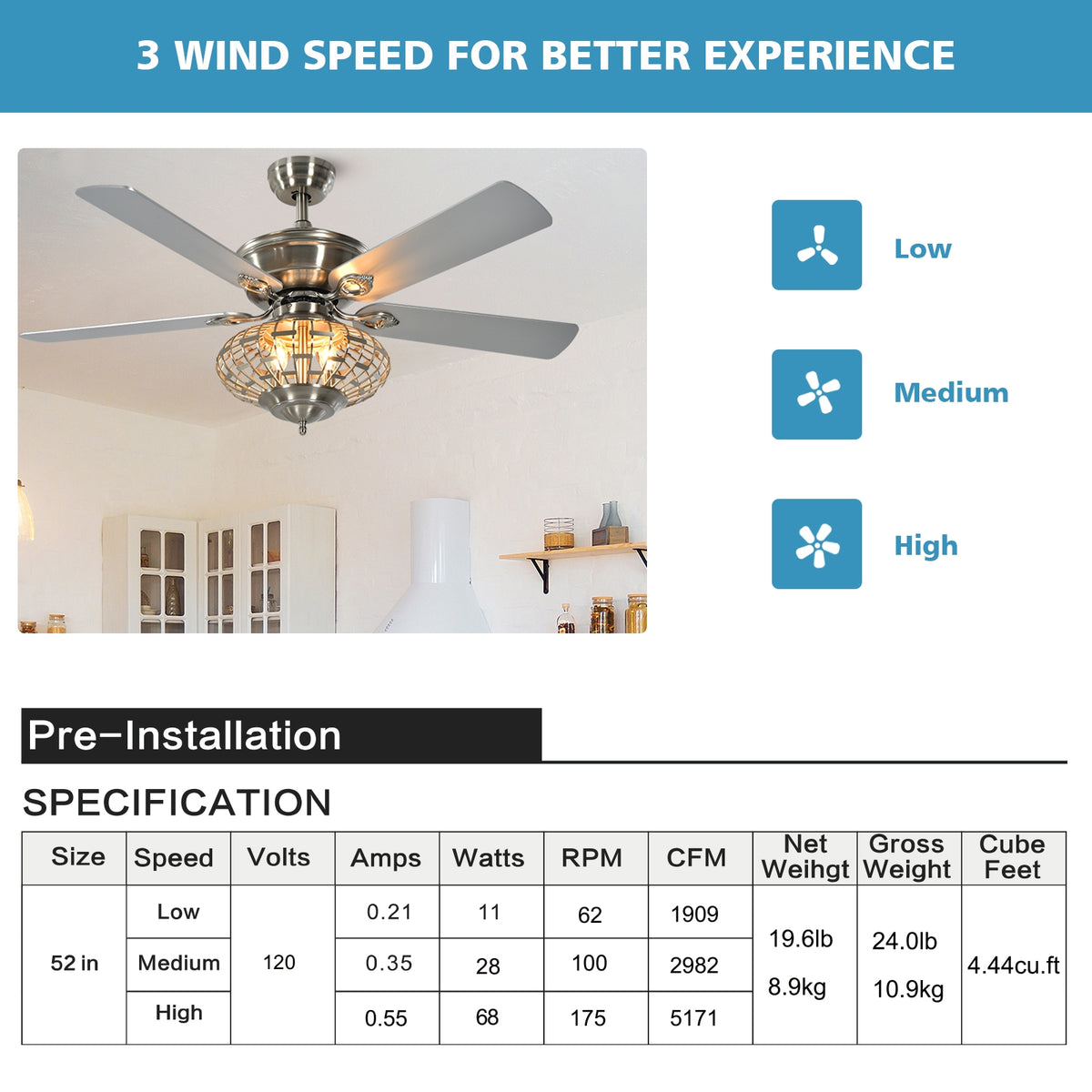 52-Inch Ceiling Fan with Wooden Blades & Remote Control - Silver Variation