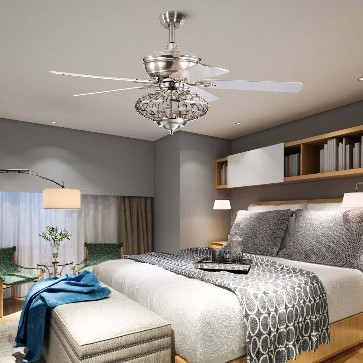 52-Inch Ceiling Fan with Wooden Blades & Remote Control - Silver Variation