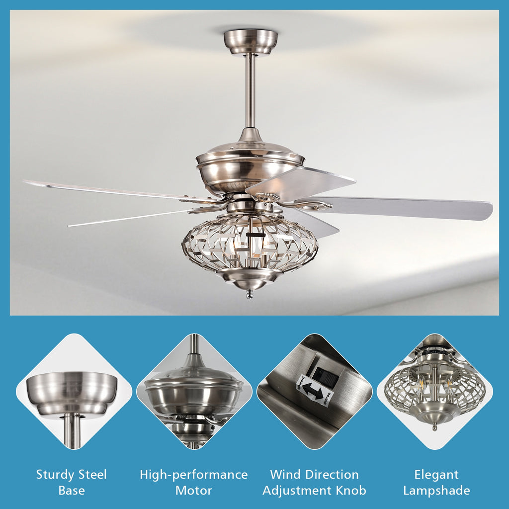 52-Inch Ceiling Fan with Wooden Blades & Remote Control - Silver Variation