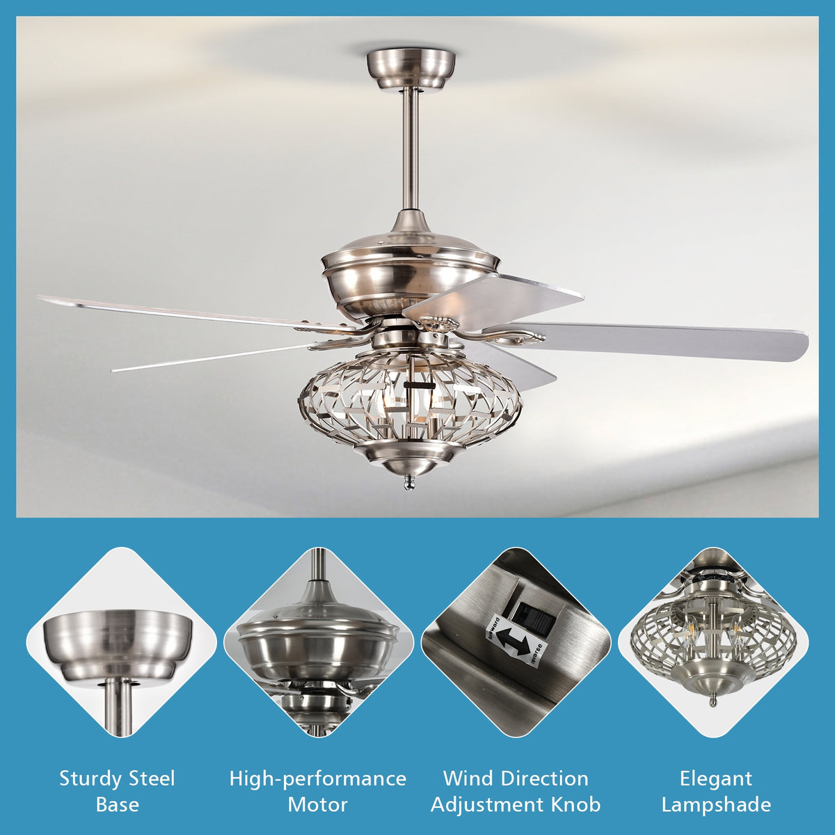52-Inch Ceiling Fan with Wooden Blades & Remote Control - Silver Variation