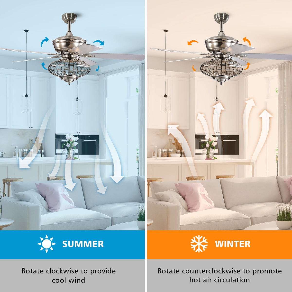 52-Inch Ceiling Fan with Wooden Blades & Remote Control - Silver Variation