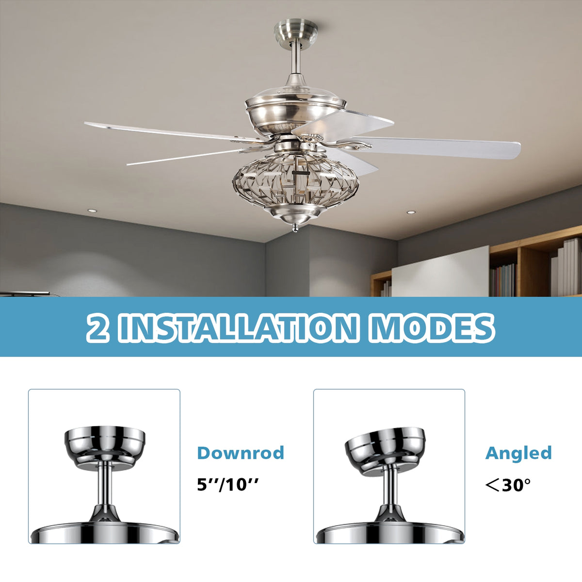 52-Inch Ceiling Fan with Wooden Blades & Remote Control - Silver Variation