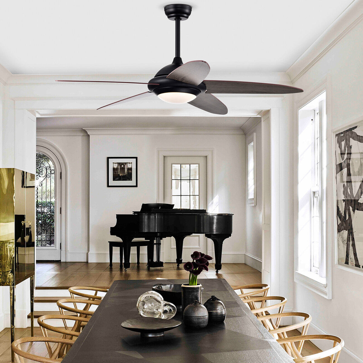 52-Inch Ceiling Fan with Lights and 3 Wind Speeds - Black, Remote Control, Reversible Motor, Adjustable LED Light