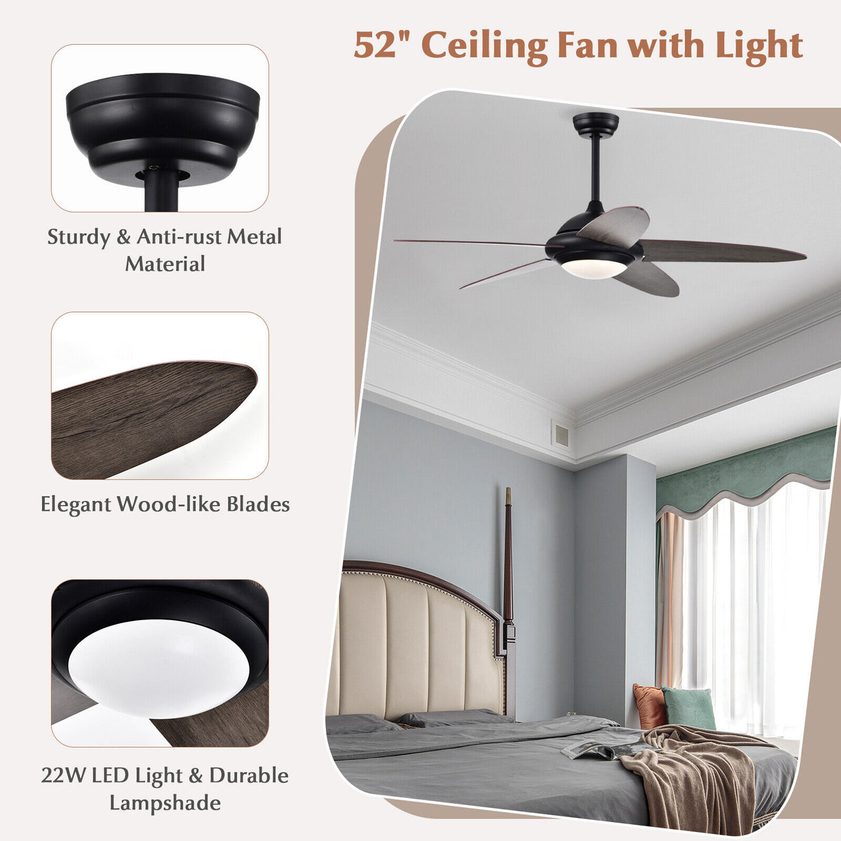 52-Inch Ceiling Fan with Lights and 3 Wind Speeds - Black, Remote Control, Reversible Motor, Adjustable LED Light