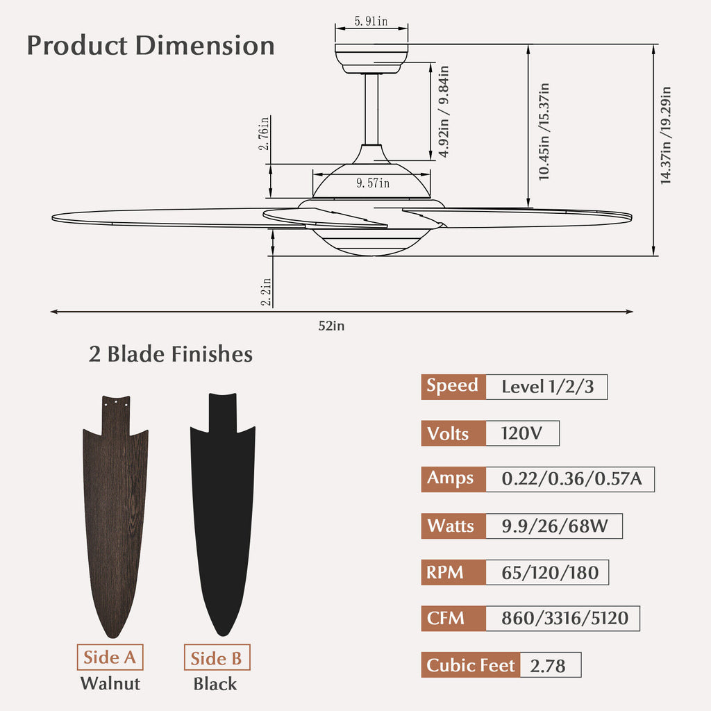 52-Inch Ceiling Fan with Lights and 3 Wind Speeds - Black, Remote Control, Reversible Motor, Adjustable LED Light