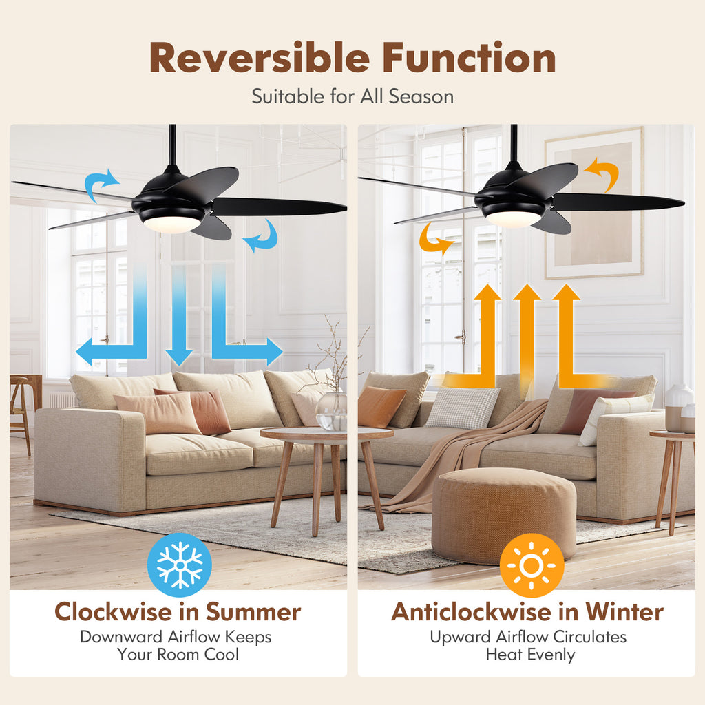 52-Inch Ceiling Fan with Lights and 3 Wind Speeds - Black, Remote Control, Reversible Motor, Adjustable LED Light