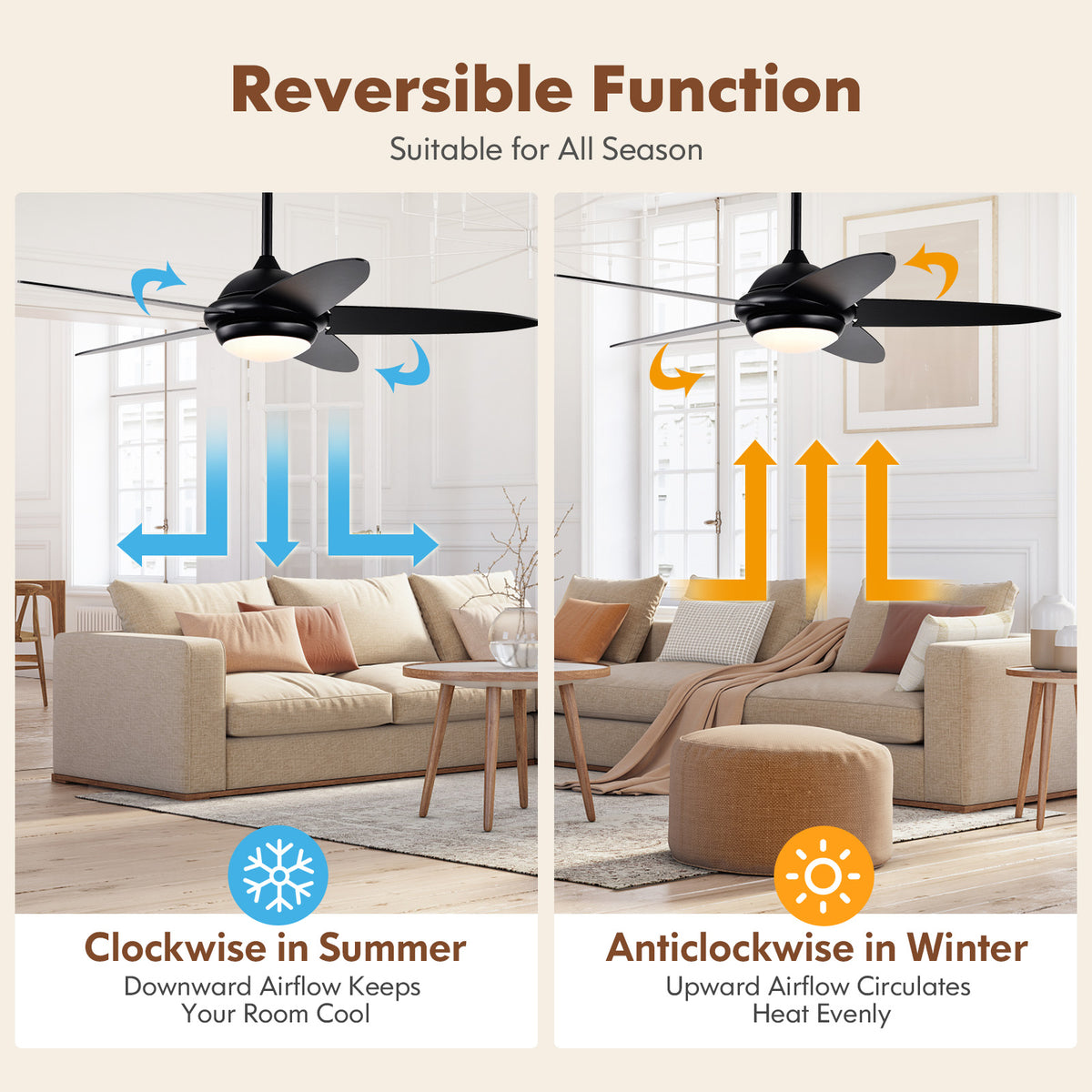 52-Inch Ceiling Fan with Lights and 3 Wind Speeds - Black, Remote Control, Reversible Motor, Adjustable LED Light