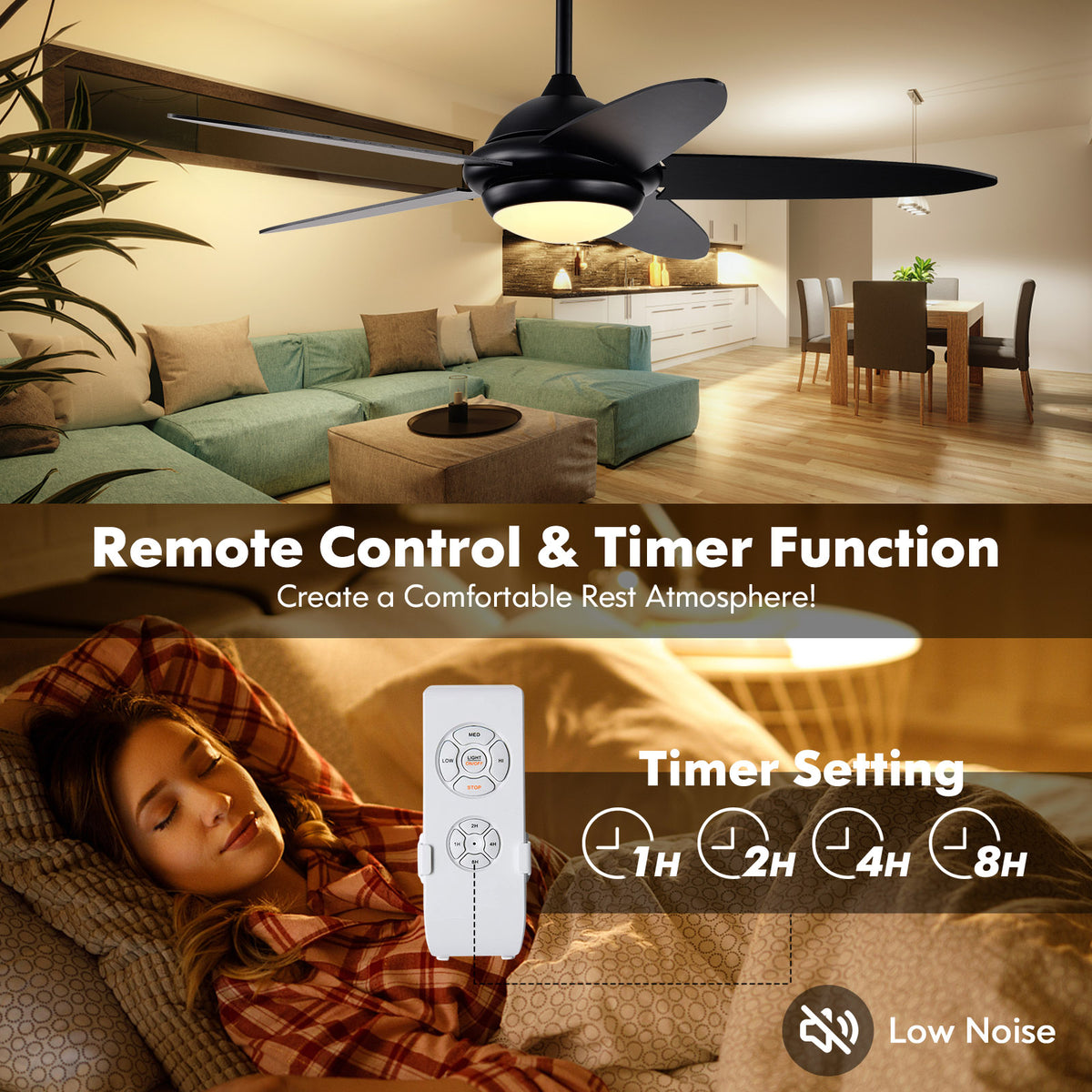 52-Inch Ceiling Fan with Lights and 3 Wind Speeds - Black, Remote Control, Reversible Motor, Adjustable LED Light