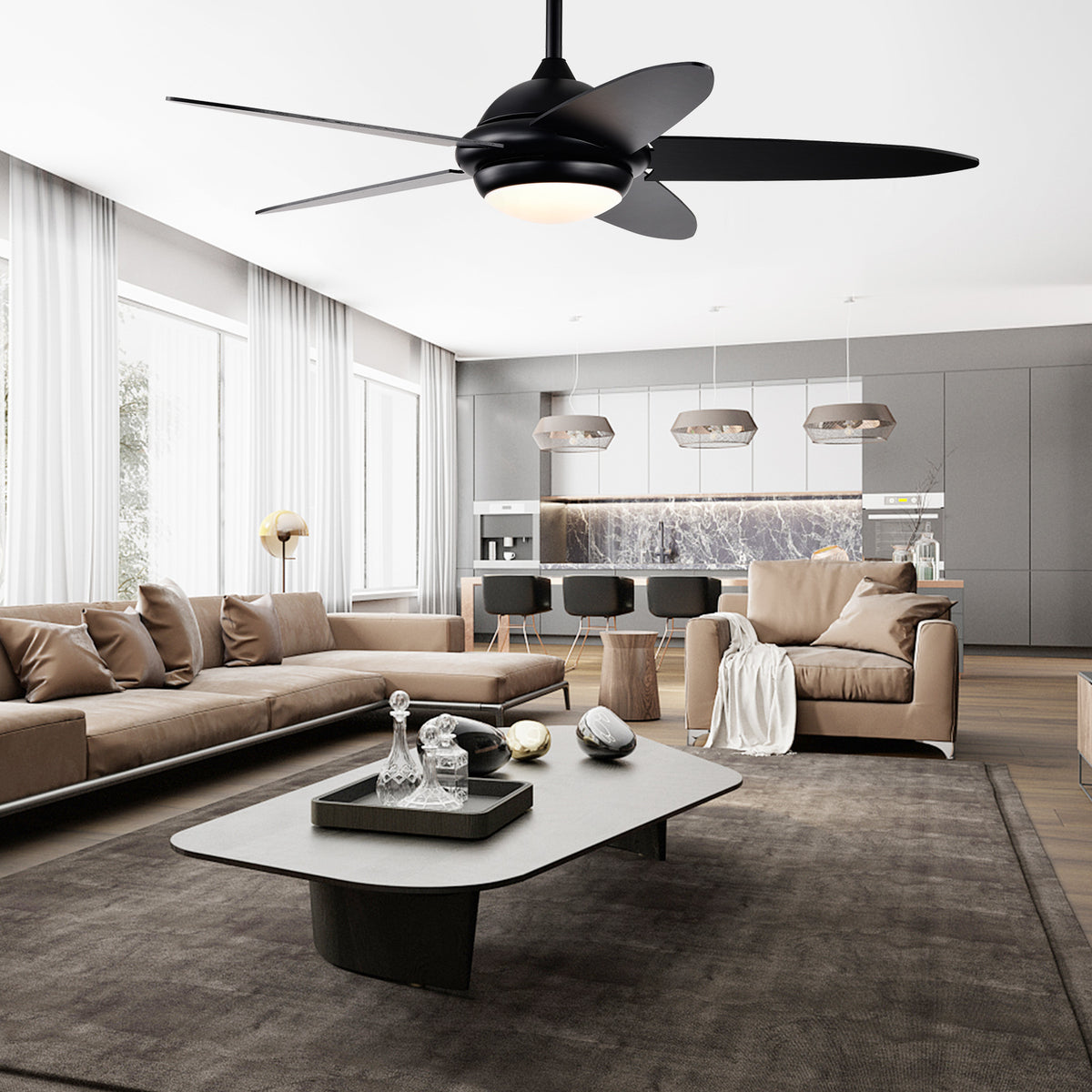 52-Inch Ceiling Fan with Lights and 3 Wind Speeds - Black, Remote Control, Reversible Motor, Adjustable LED Light