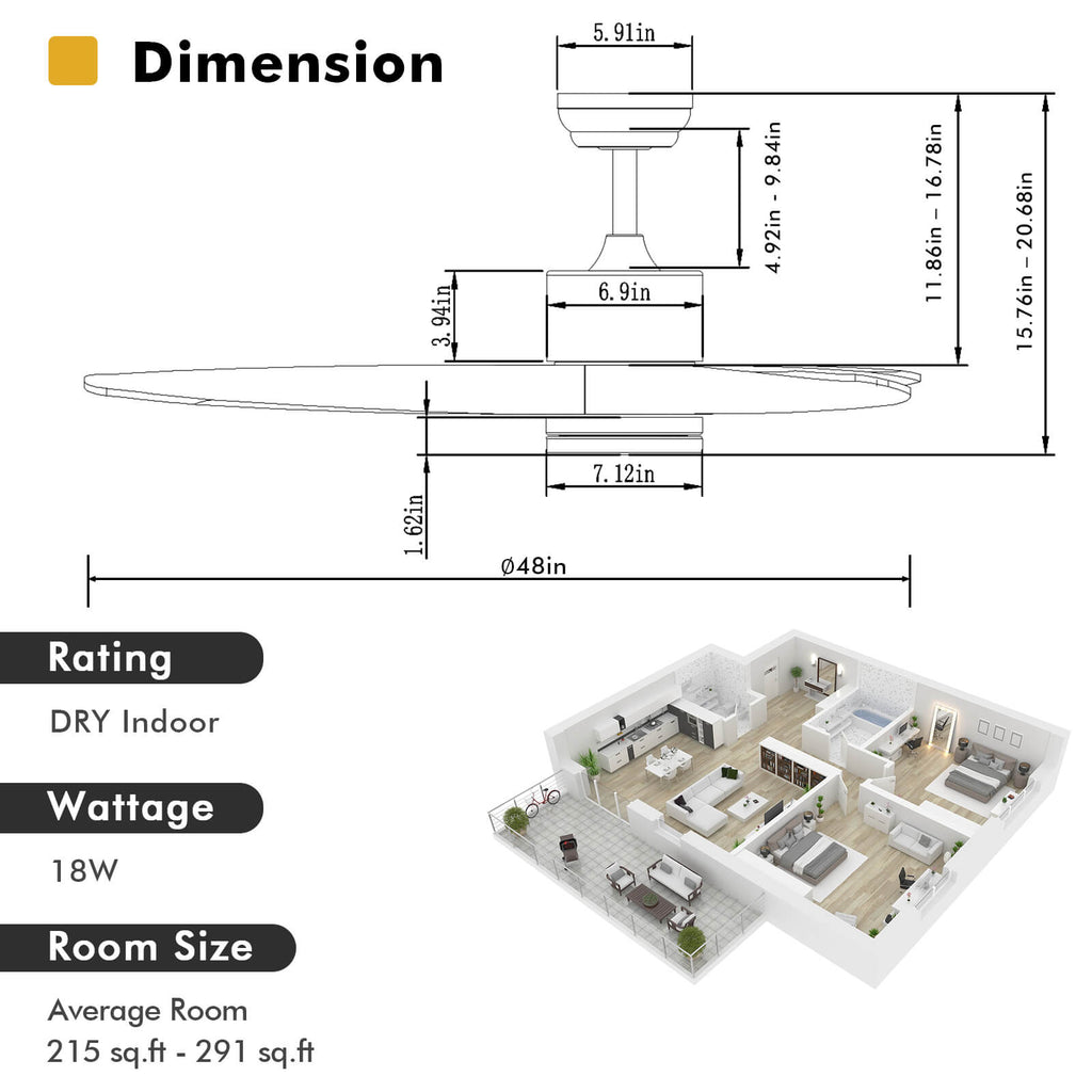 48 Inch Indoor Ceiling Fan with LED Lights and 6 Speed - Style 2 Silver