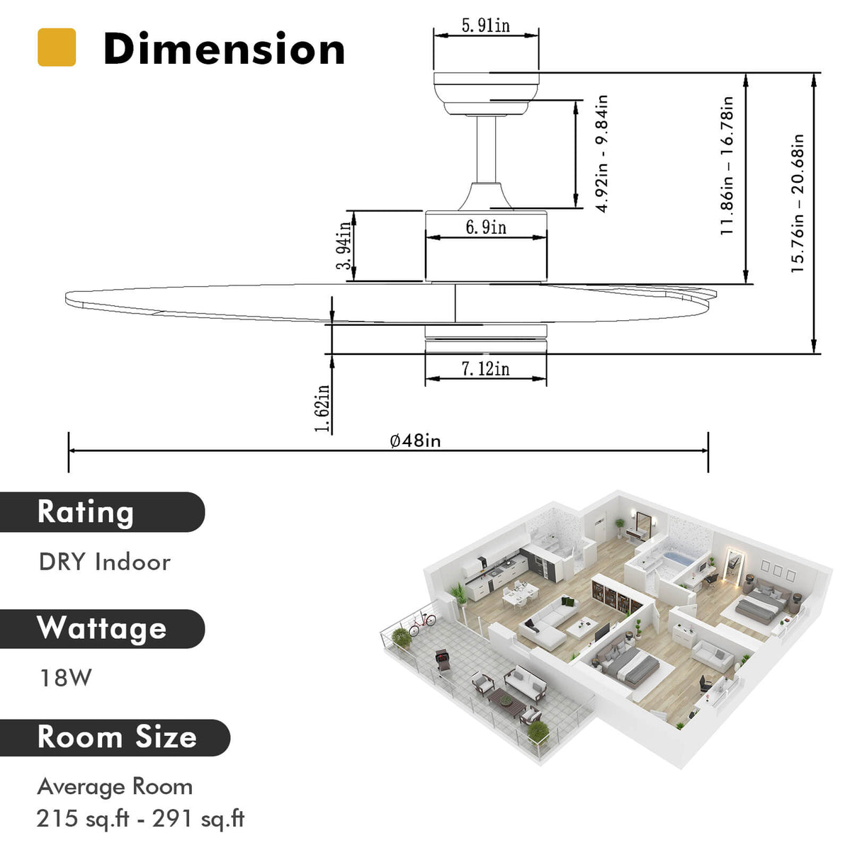48 Inch Indoor Ceiling Fan with LED Lights and 6 Speed - Style 2 Silver