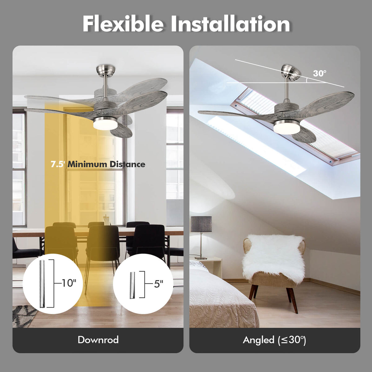 48 Inch Indoor Ceiling Fan with LED Lights and 6 Speed - Style 2 Silver